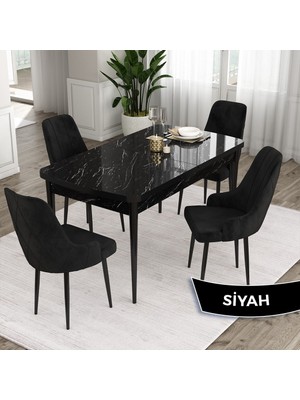 Canisa Concept Eta Serisi 80 x 132 cm Açılabilir Mdf Mutfak Masa Takımısiyah Mermer Desen Masa 4 Sandalye