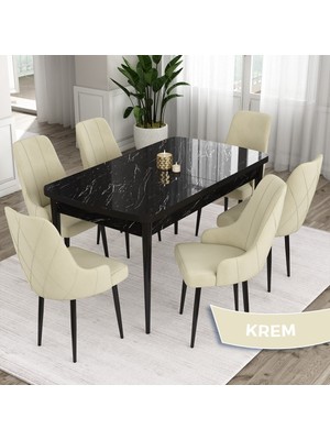 Canisa Concept Eta Serisi 80 x 132 cm Açılabilir Mdf Mutfak Masa Takımısiyah Mermer Desen Masa 6 Sandalye