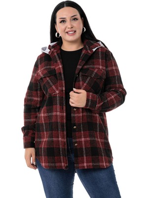 Disentis Modest Büyük Beden Kapüşonlu Cepli Yanı Oval Kesim Bordo Oduncu Gömlek