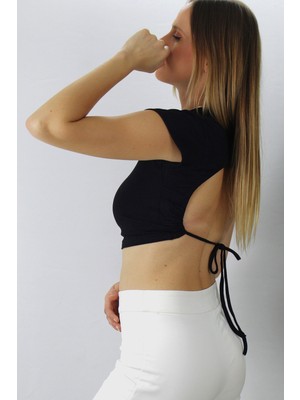 Karazona Kadın Bağlamalı Fitilli Crop Body Siyah KZ2-12800