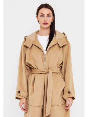 Modatalika Kadın Fermuarlı Kapüşonlu Uzun Kaban