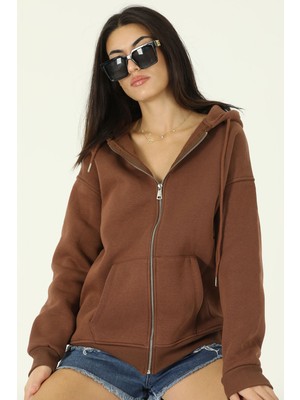 Julude Kahve Kadın Kapüşonlu Şardonlu Sweatshirt P-000060