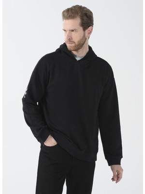 Black On Black Kapüşon Yaka Baskılı Siyah Erkek Sweatshirt E-Solı