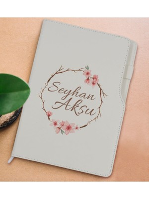 Bk Gift Kişiye Özel Çiçek Tasarımlı Beyaz Termo Deri Not Defteri 15X21CM-5