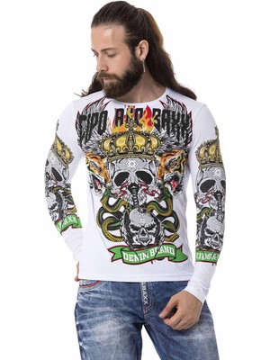 Cipo & Baxx CL514 Kurukafa Baskılı Beyaz Sweatshirt