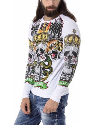 Cipo & Baxx CL514 Kurukafa Baskılı Beyaz Sweatshirt