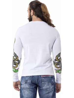 Cipo & Baxx CL514 Kurukafa Baskılı Beyaz Sweatshirt