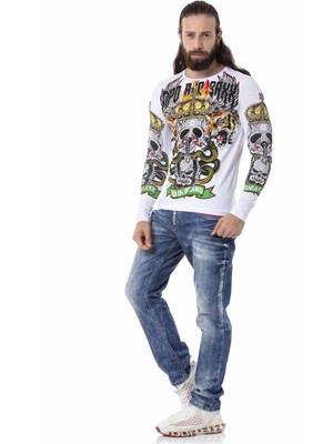 Cipo & Baxx CL514 Kurukafa Baskılı Beyaz Sweatshirt