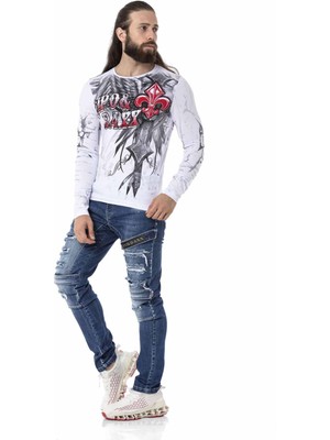 Cipo & Baxx CL522 Desenli Beyaz Ince Sweatshirt