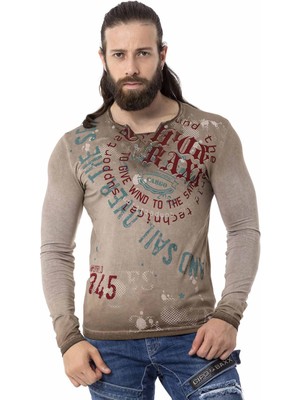 Cipo & Baxx CL512 V Yaka Kahverengi Ince Sweatshirt