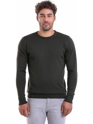 Hatemoğlu Erkek Haki Regular Fit Yünlü Düz Bisiklet Yaka Triko Kazak