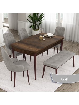 Canisa Concept Eta Serisi, 80 x 132 cm Mdf Açılabilir Masa Takımı, Barok Ahşap Desen Masa 4 Sandalye ve 1 Bench