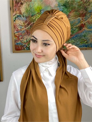 Butik Ambar Hürrem Taşlı Tek Biritli Atkılı Toprak Rengi Bone