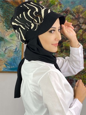 Butik Ambar Parlak Zebra Desenli Siyah Tokalı Şapka Şal