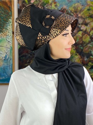 Butik Ambar Bakır Leopar Desenli Tokalı Siyah Şapka Şal