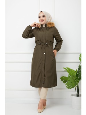 Vibeys Collection Haki Içi Kürklü ve Su Geçirmez Kadın Kışlık Mont & Kaban