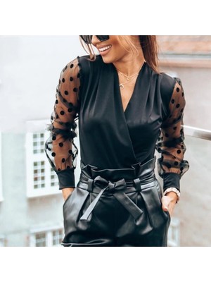 Butik İzmirden Kadın Siyah Kolları Puanlı Kruvaze Yaka Sandy Kumaş Bluz