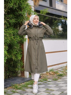 Vibeys Collection Haki  Içi Kürklü ve Su Geçirmez Kadın Kışlık Mont & Kaban