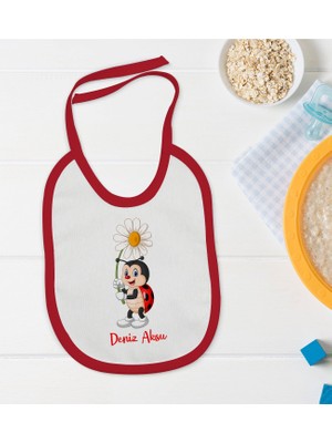 Bk Kids Kişiye Özel Uğur Böceği Tasarımlı Kırmızı Bebek Mama Önlüğü-3
