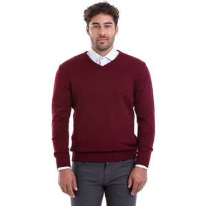 Erkek Bordo Regular Fit Desenli V Yaka Triko Kazak