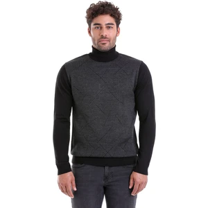 Erkek Siyah Regular Fit Yünlü Desenli Balıkçı Yaka Triko Kazak