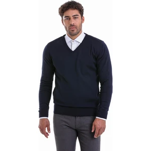 Erkek Lacivert Regular Fit Yünlü Düz  V  Yaka Triko Kazak