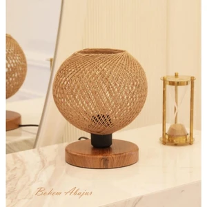Ahşap Tabanlı Örgü Başlık Abajur Handmade Bohem