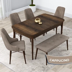 Concept Kar Serisi 80 x 132 cm Açılabilir Mdf Mutfak Masa Takımı Barok Ahşap Desen Masa 4 Sandalye 1 Bench
