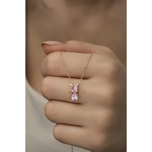 925 Ayar Gümüş Pembe Taşlı Kedi Kolye