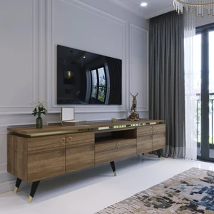 Modern Tv Sehpası Gold Üçgen Kulp Kepli G0M24-2 Ceviz 35 cm Derinlik