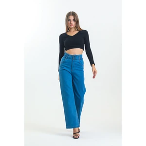 Mavi Beli Büzgülü Bol Paça Wide Leg Jean