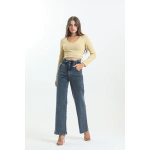 Gri Beli Büzgülü Bol Paça Wide Leg Jean