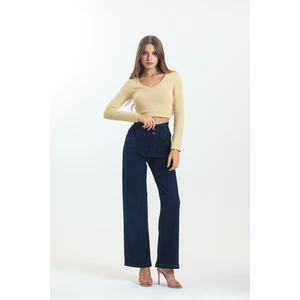 Siyah Beli Büzgülü Bol Paça Wide Leg Jean
