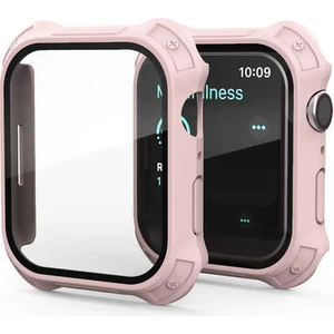 Case 4U Apple Watch 7 Darbe Emici Tank Zırh Kasa ve Mat Görünümlü Ekran Koruyucu Gard 11 45mm Pembe