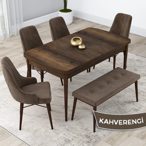 Concept Kar Serisi, 80X132 Açılabilir Mdf Mutfak Masa Takımı, Barok Ahşap Desen Masa 4 Sandalye 1 Bench