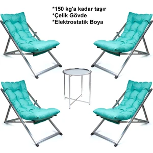 Minderli - Zena Şezlong Seti Bahçe&balkon&teras&plaj Katlanır Dörtlü Set - 4 Şezlong 1 Sehpa