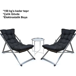 Minderli - Maora Şezlong Seti Bahçe&balkon&teras&plaj Katlanır Ikili Set - 2 Şezlong 1 Sehpa