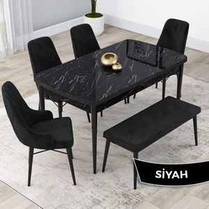Concept Kar Serisi, Mdf 80X132 Açılabilir Masa Takımı, Siyah Mermer Desen Masa, 4 Sandalye 1 Bench