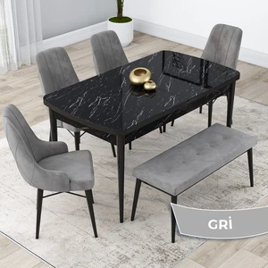 Concept Kar Serisi, Mdf 80X132 Açılabilir Masa Takımı, Siyah Mermer Desen Masa, 4 Sandalye 1 Bench