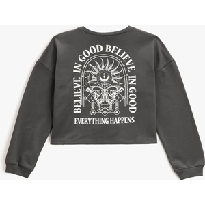 Crop Sweatshirt Baskılı Bisiklet Yaka