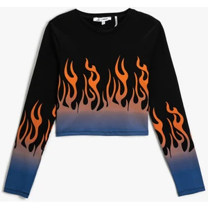 Uzun Kollu Tişört Crop Baskılı Bisiklet Yaka