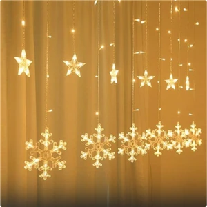 Yılbaşı Dekorasyonu Kar Tanesi ve Yıldız Dekoratif 120 LED Işık Perdesi Sarı Işık Yılbaşı Işığı