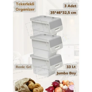 3'lü Tekerlekli Sebzelik BPA Free Soğanlık Oyuncaklık Organizer Gri Jumbo 33 Lt