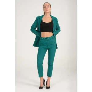 Kadın Yeşil Blazer Ceket Kemerli Cepli Havuç Kesim  Pantolon Takım