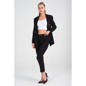 Kadın Siyah Blazer Ceket Kemerli Cepli Havuç Kesim  Pantolon Takım