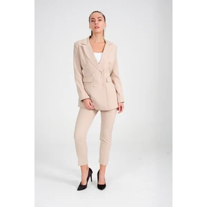 Kadın Krem Blazer Ceket Kemerli Cepli Havuç Kesim  Pantolon Takım
