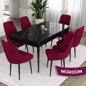 Concept Eta Serisi 80 x 132 cm Açılabilir Mdf Mutfak Masa Takımısiyah Mermer Desen Masa 6 Sandalye