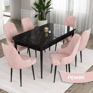 Concept Eta Serisi 80 x 132 cm Açılabilir Mdf Mutfak Masa Takımısiyah Mermer Desen Masa 6 Sandalye