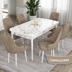 Concept Eta Serisi 80 x 132 cm Açılabilir Mdf Mutfak Masa Takımı Beyaz Mermer Desen Masa 6 Sandalye