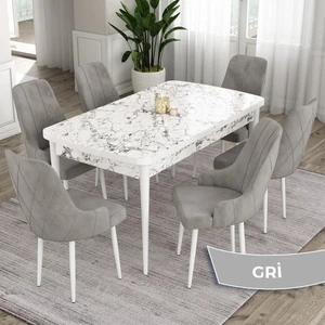 Concept Eta Serisi 80 x 132 cm Açılabilir Mdf Mutfak Masa Takımı Beyaz Mermer Desen Masa 6 Sandalye